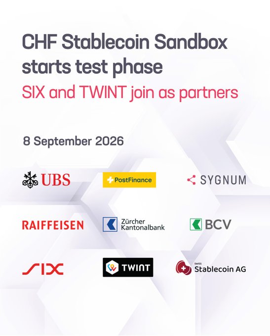 A promotional graphic announces “CHF Stablecoin Sandbox starts test phase” and “SIX and TWINT join as partners,” dated 8 September 2026. It displays the UBS, PostFinance, Sygnum, Raiffeisen, Zürcher Kantonalbank, BCV, SIX, TWINT, and Swiss Stablecoin AG logos.