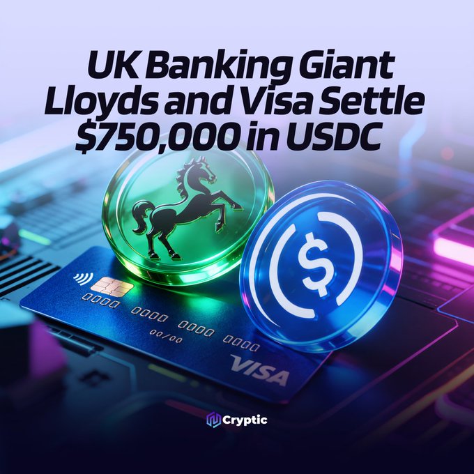 A promotional graphic from "Cryptic" featuring the headline "UK Banking Giant Lloyds and Visa Settle $750,000 in USDC" overlaid on a Visa credit card and two stylized tokens—one with a black horse logo and another displaying a USDC dollar symbol—visually representing the pilot's stablecoin settlement collaboration between Lloyds Bank and Visa.