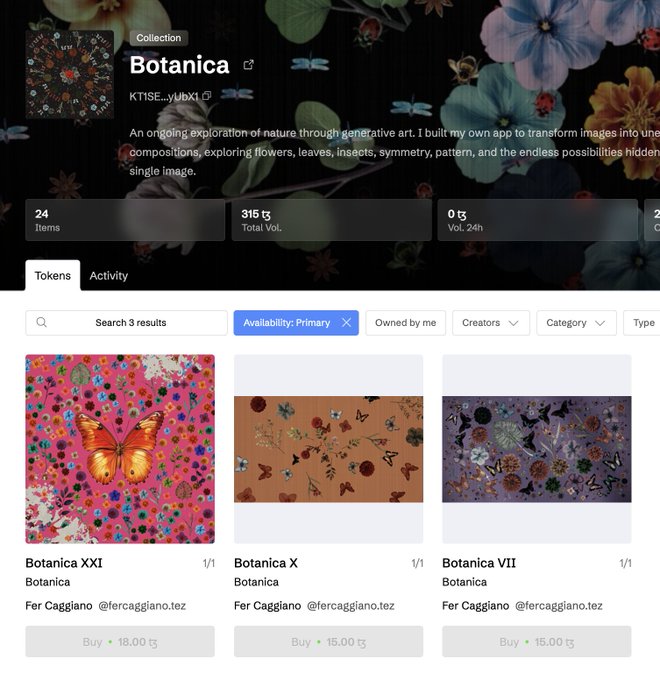 A screenshot of an NFT marketplace displays the 'Botanica' collection by Fer Caggiano @fercaggiano.tez, featuring generative artwork items like 'Botanica XXI', 'Botanica X', and 'Botanica VII' available for purchase.