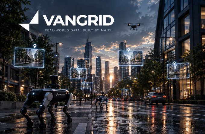 A promotional image for 'VANGRID' featuring a futuristic cityscape with robotic dogs on a street and drones with augmented reality displays.