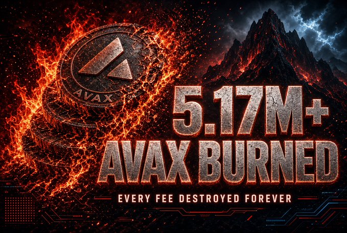 A dramatic promotional graphic showing 5.17M+ AVAX burned with the Avalanche logo amid flames and text 'EVERY FEE DESTROYED FOREVER'.