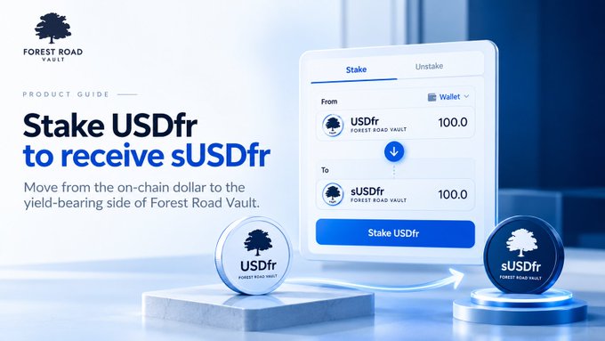 A promotional graphic for Forest Road Vault titled 'Stake USDfr to receive sUSDfr' showing a digital interface for converting USDfr to sUSDfr tokens at 100.0 each, with product guide branding.