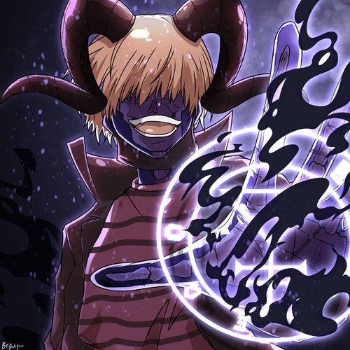 An anime-style illustration of Belphegor, the demon of sloth, depicted with blonde hair, large horns, a wide unsettling grin, and purple striped clothing, surrounded by swirling dark smoke. The menacing yet lazy figure captures the essence of the sin, fitting the post's description of a grail holder tied to Voren and the wandering Kin.