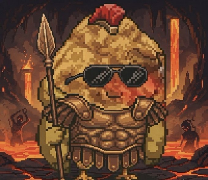 A pixel-art meme of a fluffy yellow chick wearing a Roman centurion helmet with a red plume, "deal with it" sunglasses, and bronze armor, holding a spear in a fiery lava cave backdrop — parodying bullish warrior imagery to hype crypto staking rewards on OpenSea's "$tendies."