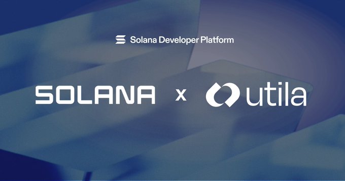 The image features a blue background with white text that reads "Solana x Utila". The text is positioned above an image of a staircase, which appears to be a part of the Solana Developer Platform logo. Below this image, there are additional text elements related to the Solana Developer Platform and its partnership with Utila.