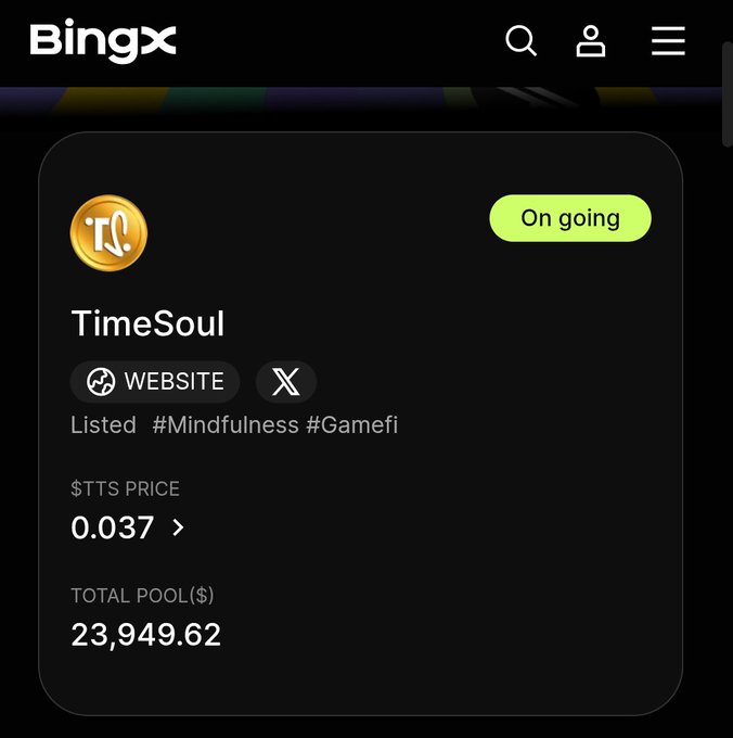 A BingX cryptocurrency listing page for TimeSoul (TTS) tagged #Mindfulness #Gamefi, showing a price of $0.037, a total pool of $23,949.62, and an 'On going' status.