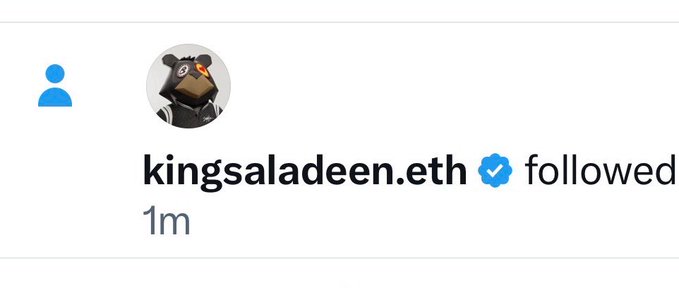 A social media notification showing 'kingsaladeen.eth' with a verified blue checkmark followed the user, posted 1 minute ago, featuring a cartoon duck avatar.