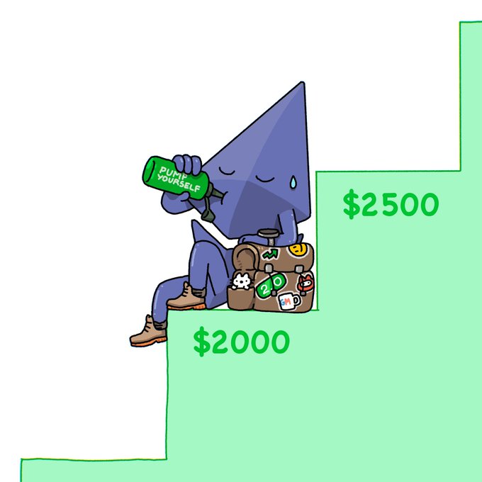 A cartoon illustration of a blue character drinking from a green "PUMP YOURSELF" bottle while sitting on steps marked $2000 and $2500 with various stickers.