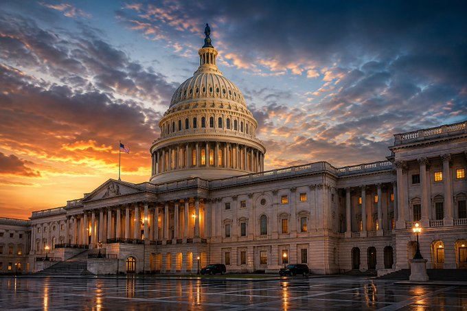 The U.S. Capitol building illuminated at sunset, symbolizing the legislative arena where the CLARITY Act could soon pass and unlock over a trillion in institutional crypto capital.
