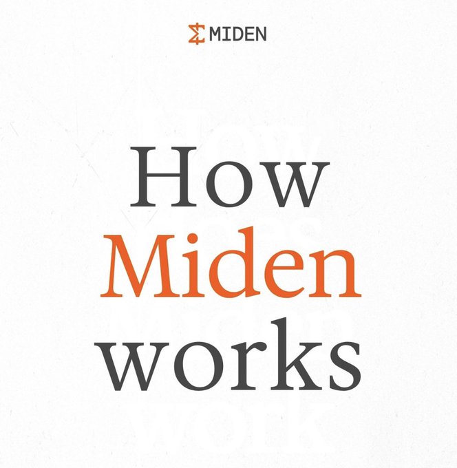A minimalist title card with the Miden logo at the top and the text 'How Miden works' displayed in large black and orange serif typography on a white background.