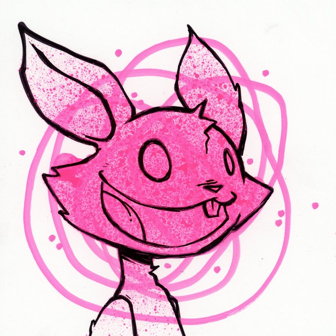 A stylized drawing of a pink creature with large ears, big eyes, and small fangs, surrounded by swirling pink rings and dots.