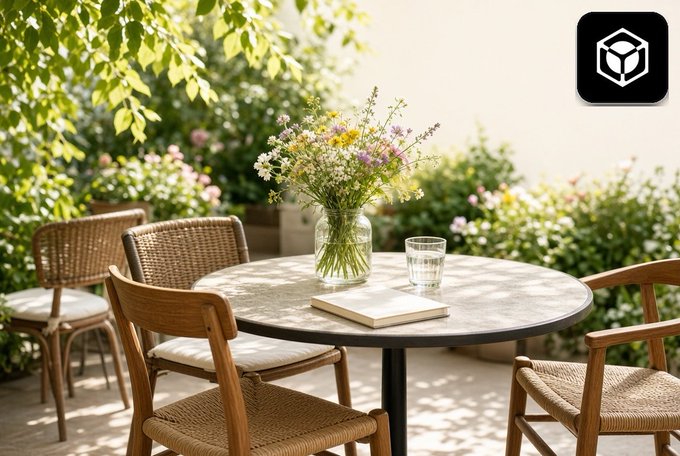 A sunny outdoor patio setting featuring a round table with a vase of wildflowers, a glass of water, and a closed book, surrounded by wooden chairs.