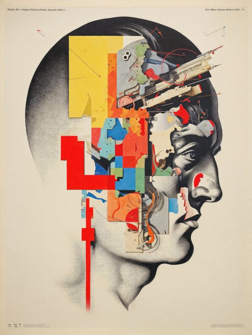 A vintage avant-garde poster featuring a side profile of a face filled with colorful geometric shapes and abstract mechanical elements, characteristic of 1960s-70s graphic design.
