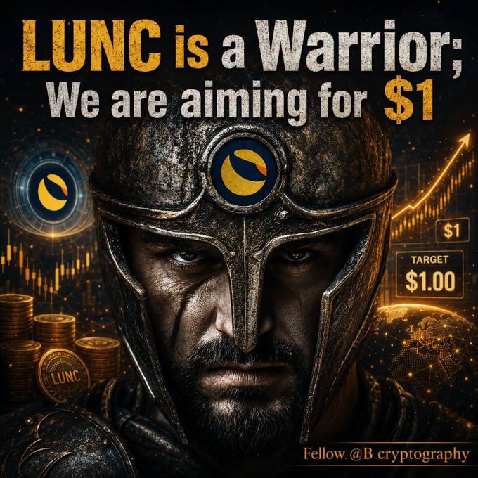 A promotional crypto graphic featuring a Spartan warrior with the text 'LUNC is a Warrior; We are aiming for $1' with a target of $1.00 for Terra Luna Classic (LUNC) token.