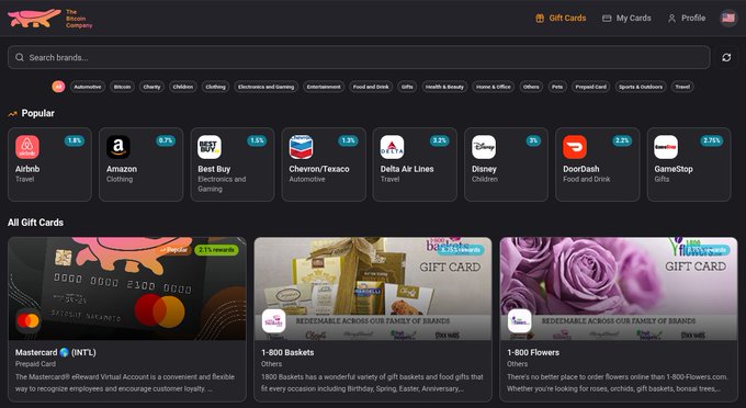 A screenshot of "The Bitcoin Company" gift card platform interface, showing popular brands like Airbnb, Amazon, Best Buy, Chevron/Texaco, Delta Air Lines, Disney, DoorDash, and GameStop, along with featured Mastercard, 1-800 Baskets, and 1-800 Flowers gift cards.
