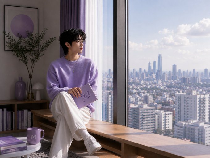 A young man wearing glasses and a lavender sweater sits on a wooden ledge by a large window, looking out over a city skyline while holding a book.
