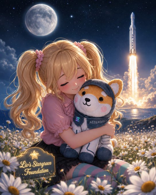 A blonde girl with pigtails affectionately hugs an orange Shiba Inu plush dressed in a SpaceX-style astronaut suit labeled "ASTEROID," set against a dreamy night scene with a full moon, a launching rocket, and a field of daisies. A golden plaque reads "Liv's Stargrace Foundation," tying the tender moment to the $ASTEROID token's mission of funding kindness for sick children and honoring a mother's promise to her daughter's dream of the stars.