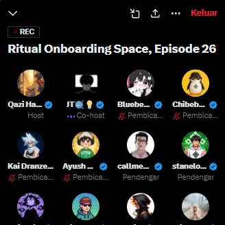 A screenshot of a Twitter Space recording titled 'Ritual Onboarding Space, Episode 26' shows multiple speaker avatars including hosts Qazi Ha, JT, and Bluebe, plus listeners Kai Dranze, Ayush, callme, and stanelo.