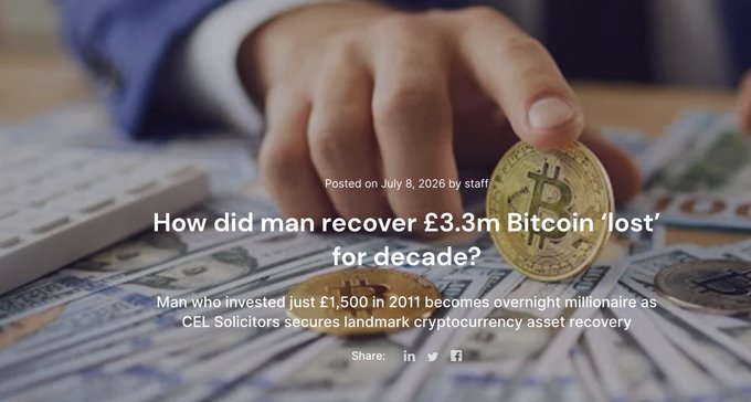 The image displays a news feature with the headline "How did man recover £3.3m Bitcoin 'lost' for decade?" over a background showing hands holding a physical Bitcoin token alongside various banknotes and currency. The subhead notes the investor became "overnight millionaire" through "landmark cryptocurrency asset recovery" by CEL Solicitors, illustrating the accompanying story about British buyer Chris recovering 61 BTC originally purchased through Intersango for £2.94 each in 2011.