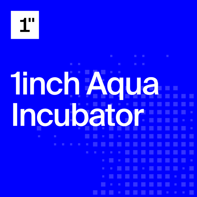A vibrant blue graphic featuring bold white text reading "1inch Aqua Incubator" alongside a "1"" logo, promoting the DAO's initiative to fund teams up to $50k for building Aqua strategies or swapVM instructions. The design uses a pixelated pattern in the background, reinforcing the brand's visual identity.