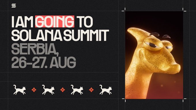 A promotional graphic announcing 'I AM GOING TO SOLANA SUMMIT SERBIA, 26-27. AUG', featuring a 3D rendering of a cartoonish animal and a decorative pattern along the bottom.