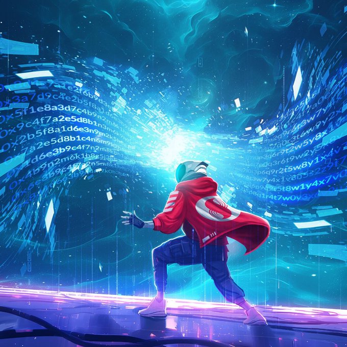 A cyberpunk-styled figure in a red jacket reaches toward swirling walls of glowing blue hexadecimal code, symbolizing a lone user confronting the chaotic, data-driven battlefield of blockchain exploitation. The image visually represents the post's message about how Supra's technology shields users from MEV attacks like front-running and sandwiching, transforming a hostile digital environment into one where regular users are protected rather than exploited.
