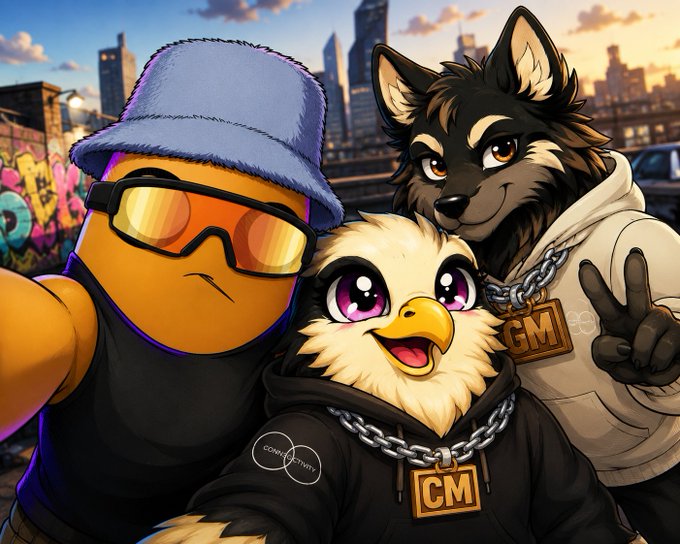 A cartoon-style illustration features three characters—a figure in a bucket hat and orange sunglasses, a fluffy bird-like creature wearing a "CM" chain, and a dark-furred wolf-like character sporting a "GM" chain and a peace sign—posing together against an urban skyline backdrop with graffiti, representing the "CM and GM" duo making friends with @penni_crypto.