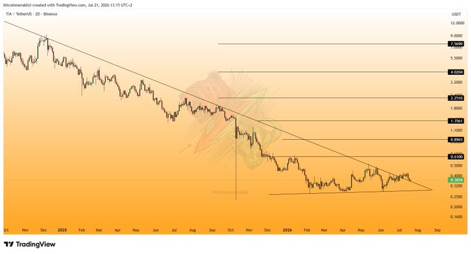 A TradingView chart of TIA/USDT on the 2-day Binance timeframe shows the token breaking its 1.5-year descending trendline and currently retesting it around the $0.65-$0.70 region, with horizontal resistance levels marked at $0.96, $1.75, $1.95, $3.28, and $5.50, supporting the post's view that a confirmed retest could precede an upward move.