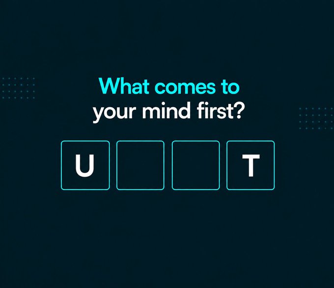 A dark teal quiz-style graphic asking "What comes to your mind first?" with four boxes, where the first shows "U" and the fourth shows "T" as revealed letters.