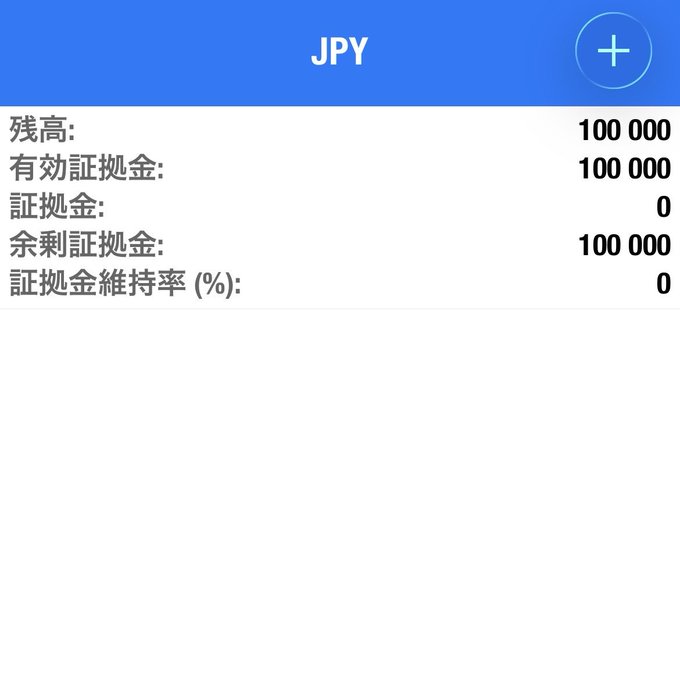 The image shows a Japanese yen (JPY) account statement displaying a balance (残高) and available margin (有効証拠金) of 100,000, with no margin used (証拠金: 0). This visualizes the trader's starting capital of 100,000 yen before their ambitious goal to turn it into 1 million through leveraged gold trading using SMMA strategy.