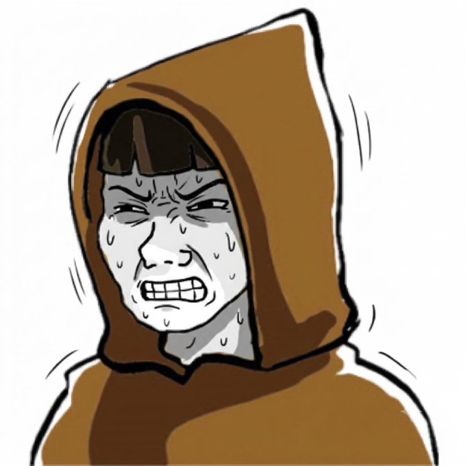 A cartoon illustration of a stressed, sweating monk or hooded figure with a grimacing, teeth-clenched expression.