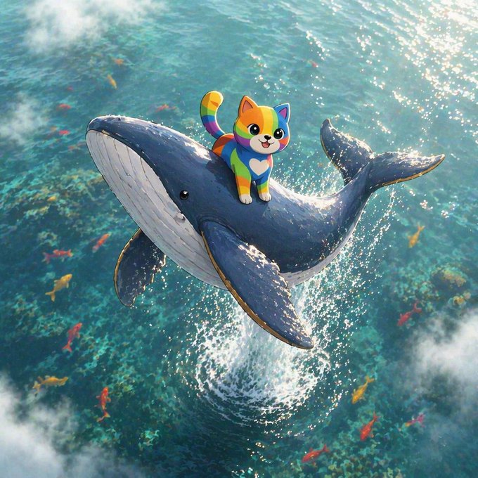 The image features a cat sitting on top of a whale. The cat appears to be enjoying itself as they float above the water, seemingly at ease with its unusual surroundings.