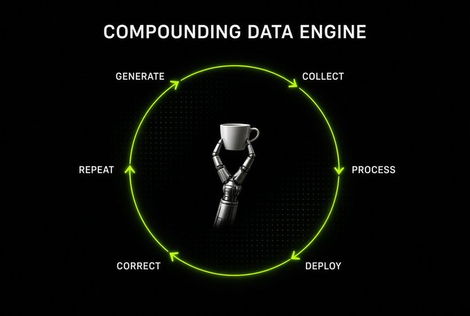 An infographic titled 'COMPOUNDING DATA ENGINE' showing a robotic arm holding a coffee cup in the center of a circular workflow: GENERATE → COLLECT → PROCESS → DEPLOY → CORRECT → REPEAT.