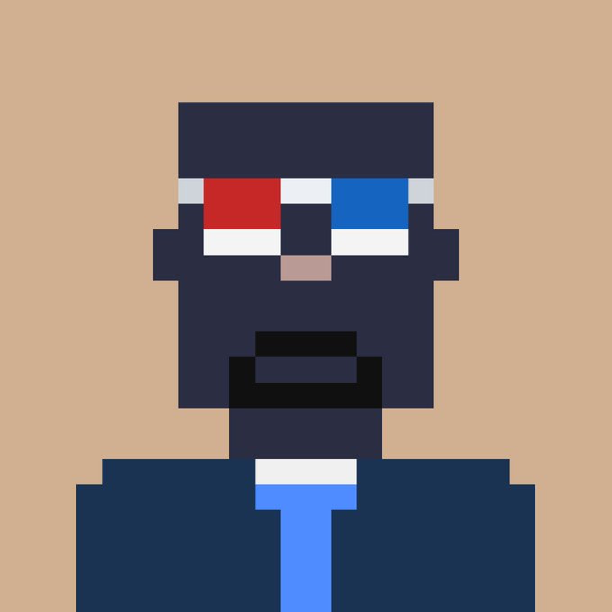 A pixel art illustration of a dark blue figure with red and blue 3D glasses and an open mouth, set against a peach background.