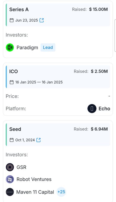A funding rounds display showing a Series A ($15.00M raised Jun 23, 2025, led by Paradigm), an ICO ($2.50M via Echo), and a Seed round ($6.94M, Oct 1, 2024, with GSR, Robot Ventures, and Maven 11 Capital +25 others).