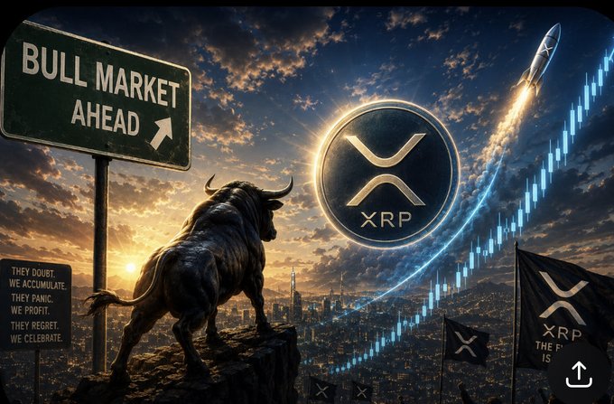 The image features a bull statue standing atop a cliff with an arrow pointing towards a sign that says "Bull Market Ahead" and another sign that says "XRP". There's also a rocket flying above the bull statue, which adds to the overall theme of progress and innovation. The image seems to be promoting Bitcoin or cryptocurrency as a means for financial growth and success in today's world.