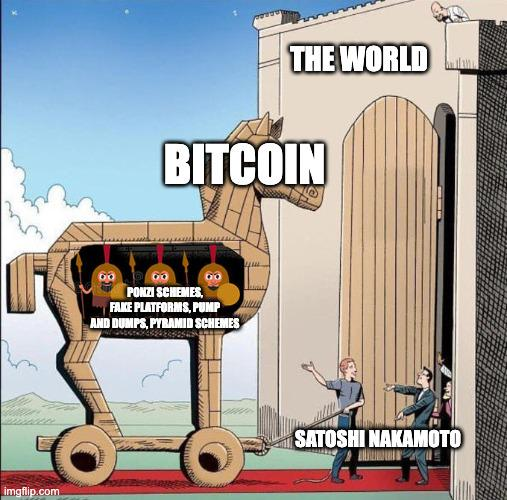 The image is a meme depicting a Trojan Horse labeled "BITCOIN" being presented to "THE WORLD" by "SATOSHI NAKAMOTO," revealing that it contains "PONZI SCHEMES, FAKE PLATFORMS, PUMP AND DUMPS, PYRAMID SCHEMES."