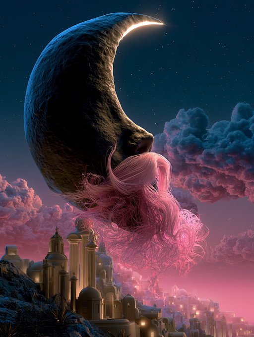 A surreal digital artwork depicting a giant crescent moon with a glowing eye, a mass of flowing pink hair, and a fantasy city with domed buildings against a starry sky.