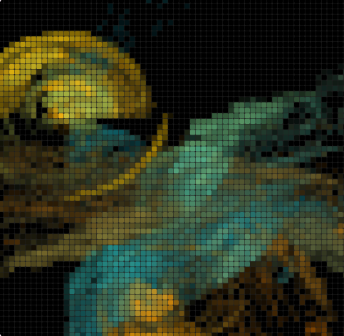 A pixelated/mosaic-style image depicts a glowing yellow celestial body (possibly a moon or sun) with green and blue cosmic or floral elements against a dark background, rendered in a grid of colored squares.