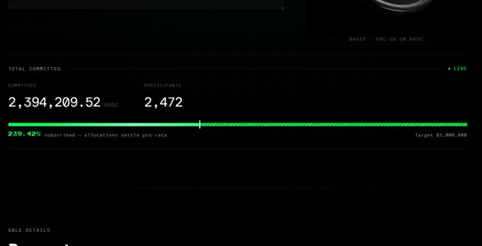 A dark-themed dashboard displaying financial data, including 'TOTAL COMMITTED' of '2,394,209.52 USDC' from '2,472' participants, with a progress bar at '239.42%' subscribed.