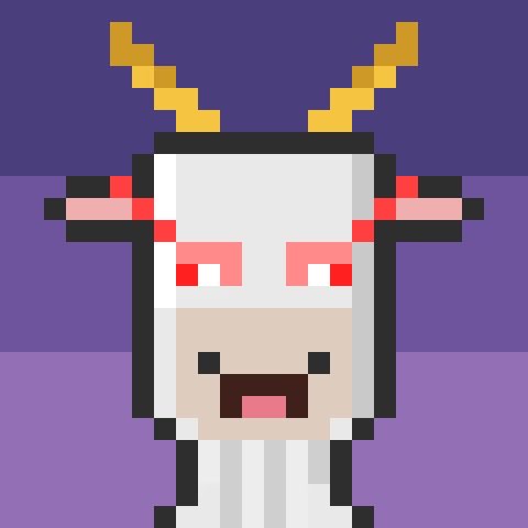 A pixel art image depicting a character with golden antlers, white hair, red eyes, and a beard, set against a purple background.