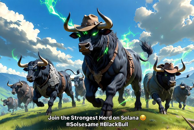 Promotional artwork featuring stylized black bulls with glowing green eyes charging across a grassy field under a cloudy sky, with text reading 'Join the Strongest Herd on Solana' alongside hashtags '#Solsesame' and '#BlackBull.'