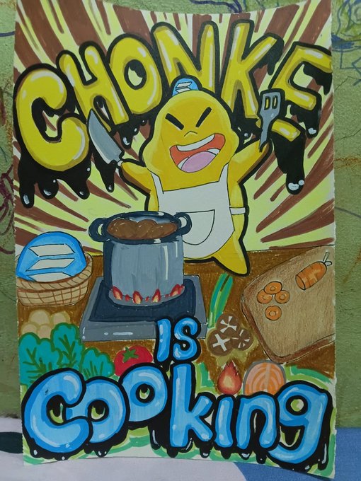 A hand-drawn colorful illustration features a cheerful yellow character wearing an apron and chef's hat, holding a knife and spatula while standing behind a pot of cooking food surrounded by vegetables, with bold text reading "CHONKS IS Cooking." The artwork visually represents the playful meme theme tied to the $CHOKE contest submission, showcasing the artistic effort behind the community entry.