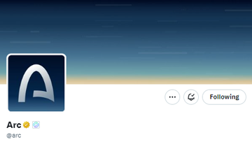 Social media profile for 'Arc' (@arc) with a stylized 'A' logo against a landscape background, showing a 'Following' status.
