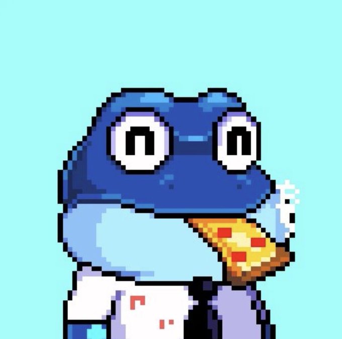 A pixel art illustration of a blue frog character holding a slice of pizza against a light blue background.