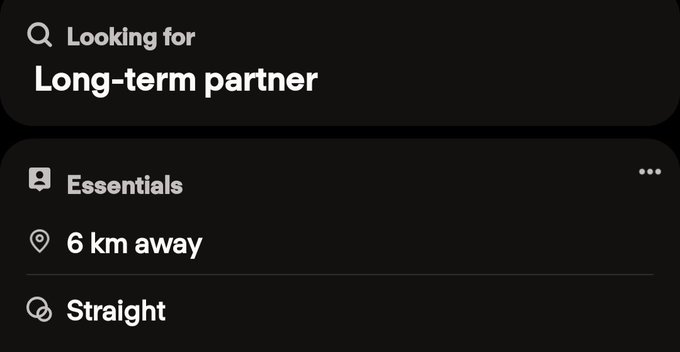 The image shows a dating app profile snippet displaying "Long-term partner" under "Looking for," with "Essentials" noting the user is "6 km away" and "Straight." It contrasts with the post, which discusses depositing money into a new account and praising the smooth UI of a stock trading platform's upcoming features, highlighting the unexpected overlap between dating profiles and financial apps.