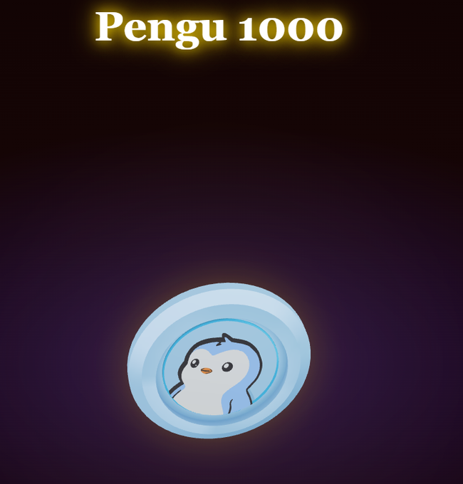 A digital graphic with the text 'Pengu 1000' at the top, featuring a small cartoon penguin inside a glowing blue egg-shaped capsule against a dark background.