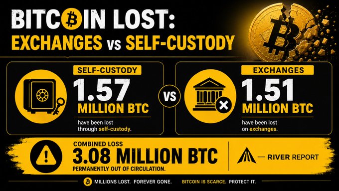 This infographic from River Report compares lost Bitcoin across self-custody (1.57 million BTC) and exchanges (1.51 million BTC), totaling 3.08 million BTC permanently out of circulation, reinforcing the post's point about the scale of lost Bitcoin across both storage methods.