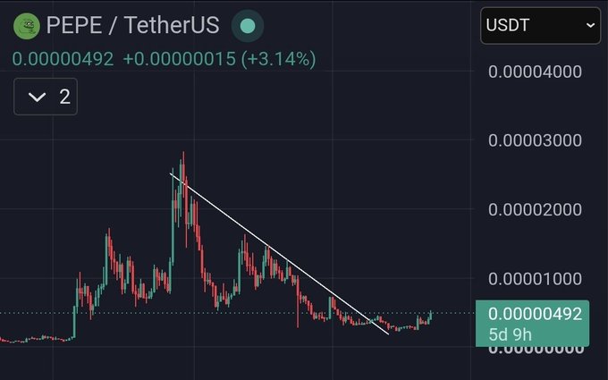 A cryptocurrency trading chart displays the PEPE/TetherUS pair priced at 0.00000492 USDT, showing a 3.14% gain with a downward trend line drawn over the candlestick pattern.
