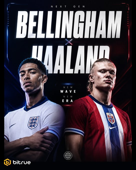 This image features "Next Gen" stars Bellingham and Haaland, presented as rivals on the pitch, likely in promotion for a Bitrue crypto event. The accompanying post references this rivalry and asks followers to predict "Bellingham or Haaland" on Bitrue.com.